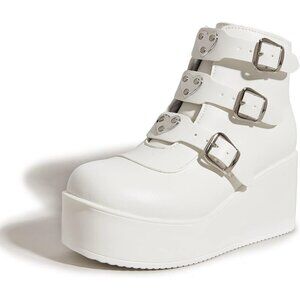 🆕 LUCKY STEP White PU Chunky Platform Ankle Boots Zip Buckle Goth Booties